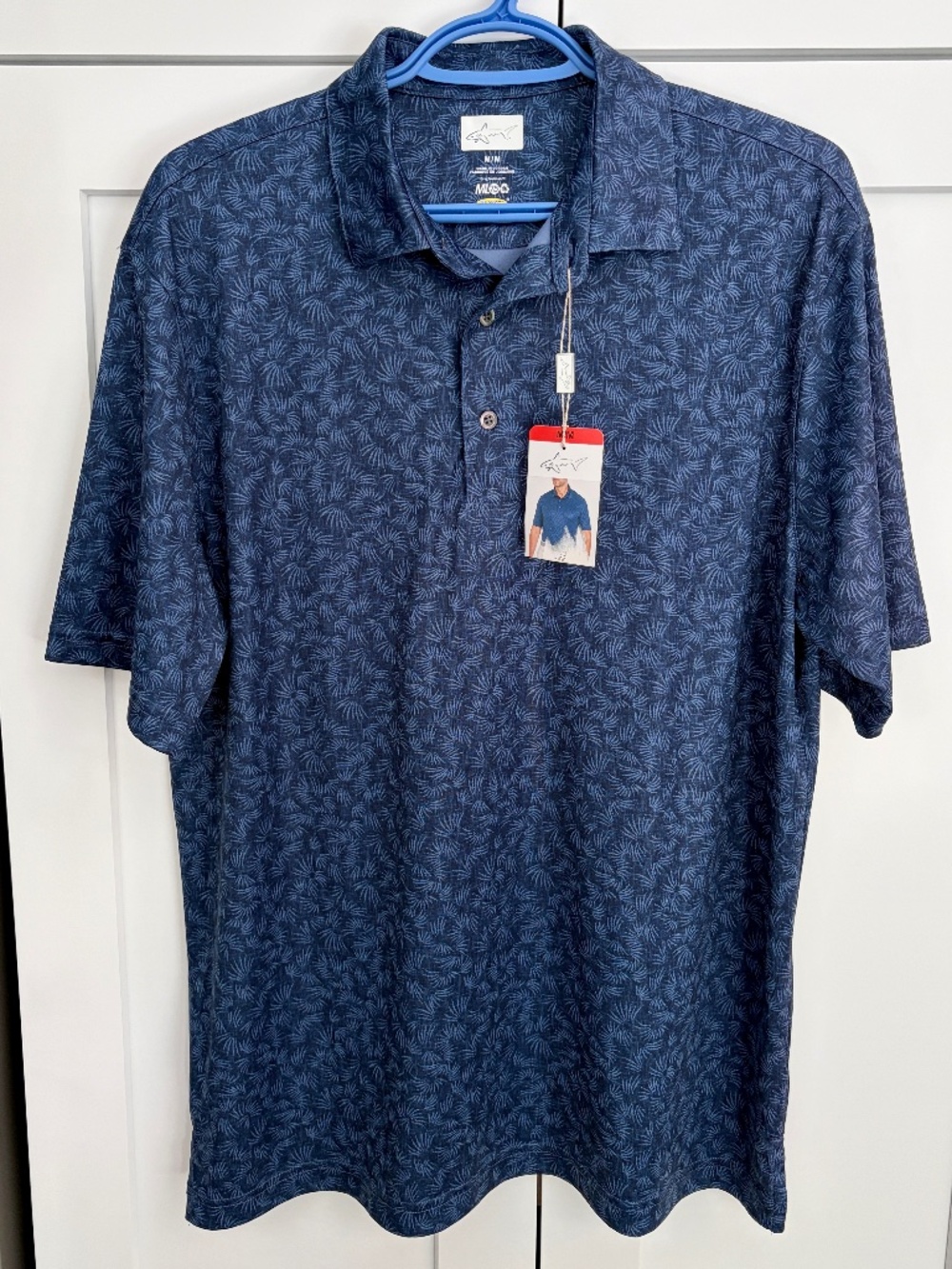 Greg Norman, Mens Short Sleeve Polo, Golf Shirt, Navy Blue, Fern Pattern, M, NEW
